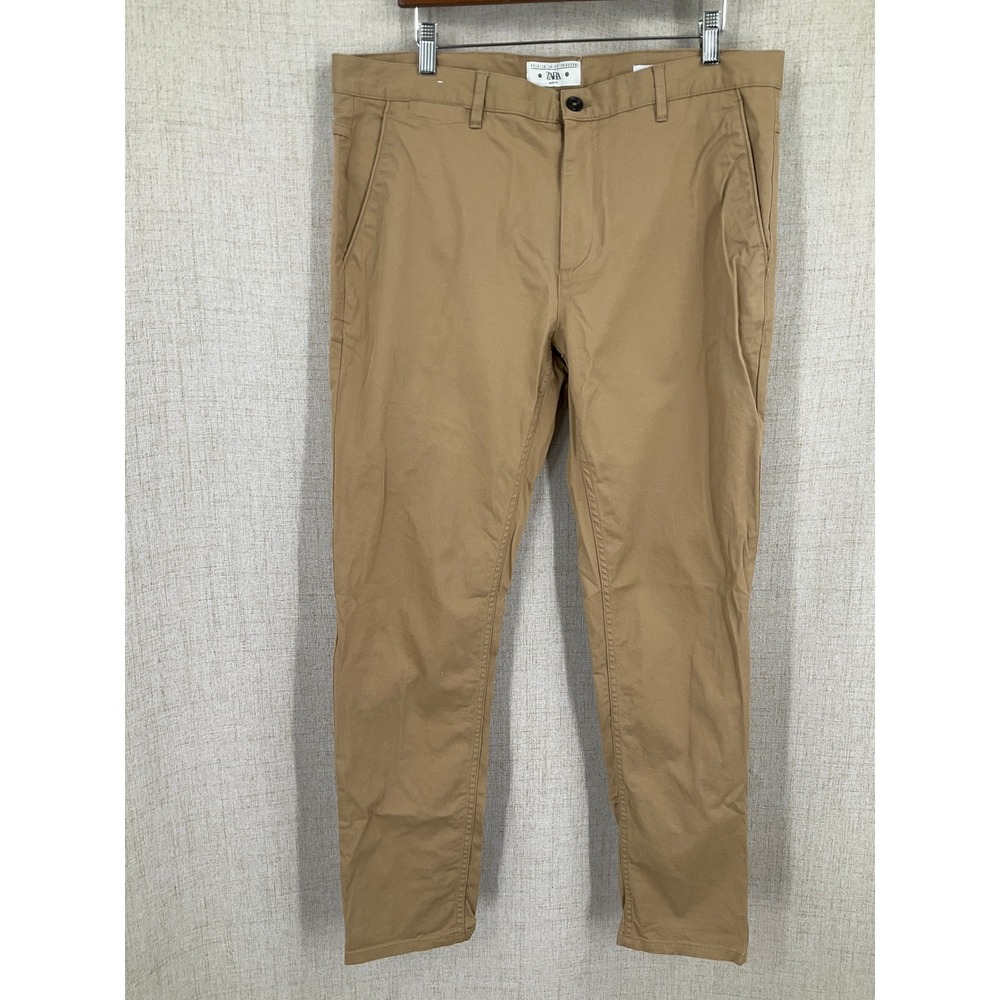Zara Chino Pants Mens Sz 36 Tan Cotton Stretch Slim Fit‎ Khaki Trousers Classic